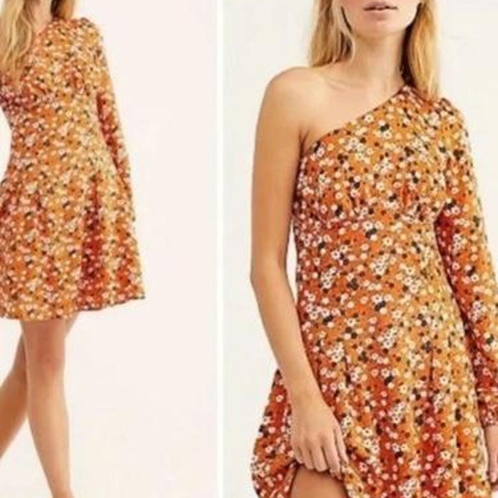 Free People orange floral mini dress with one shoulder design size 10